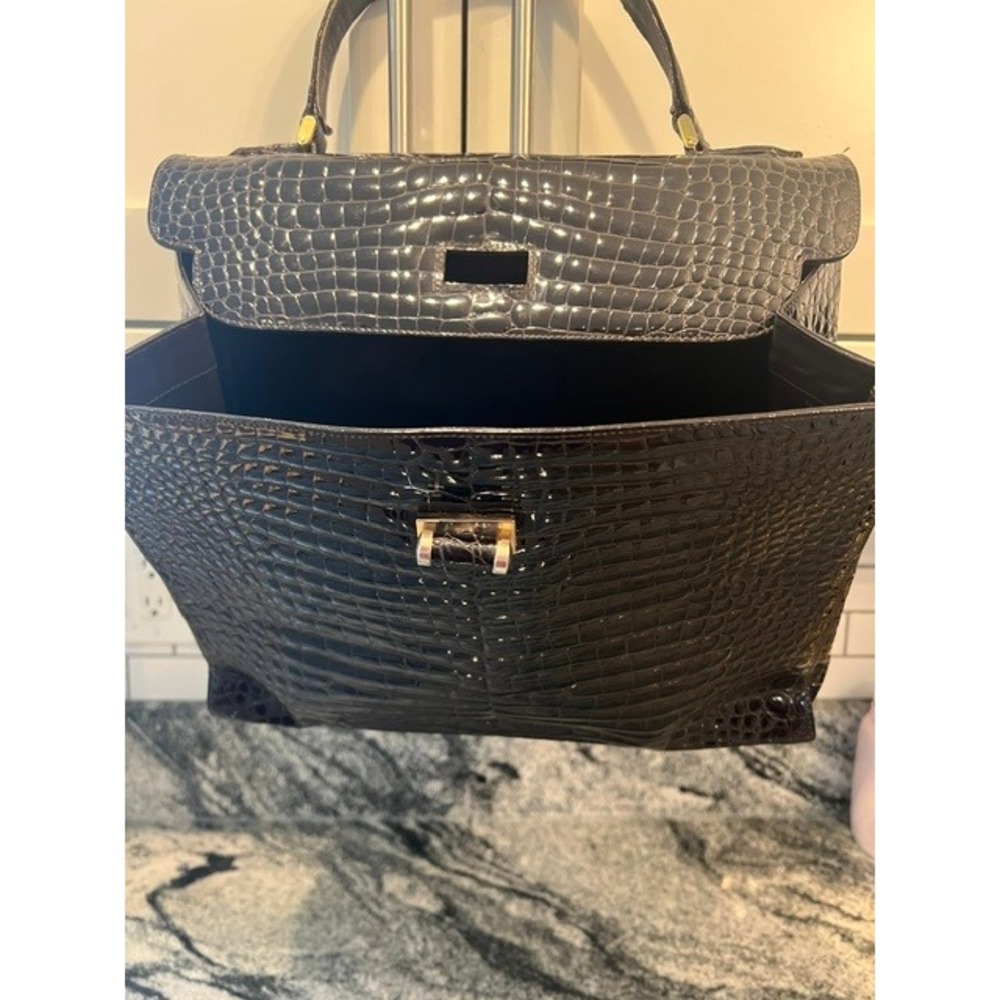 Vintage Calbert Italy Crocodile Belly Handbag Brown Cocco Bidente Turnlock FLAW